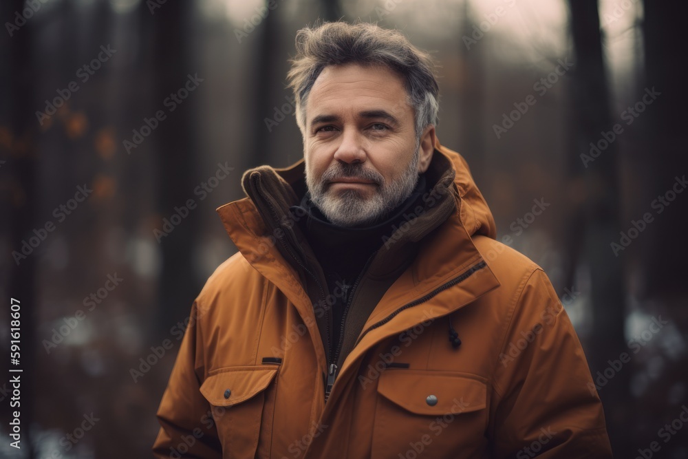 Portrait of a bearded man in a raincoat in the autumn forest