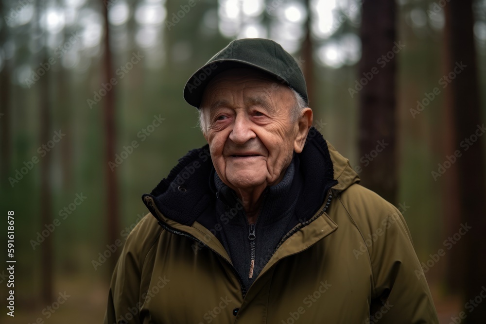 Portrait of an elderly man in a green jacket and cap standing in the forest Portrait of an elderly man in a green jacket and cap standing in the forest