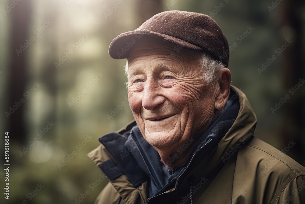 Portrait of senior man in cap smiling at camera in the forest Portrait of senior man in cap smiling at camera in the forest