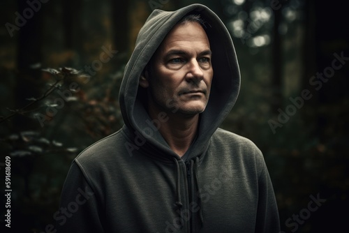 Portrait of a man in a hooded sweatshirt in a dark forest