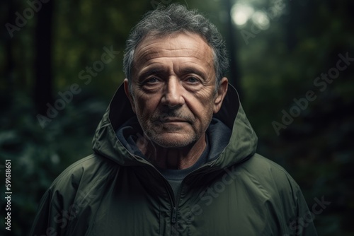 Portrait of an elderly man in a raincoat in the forest