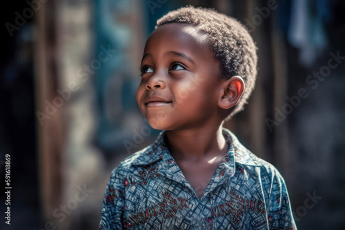 Young child outside his house in the sunshine. Generative AI.