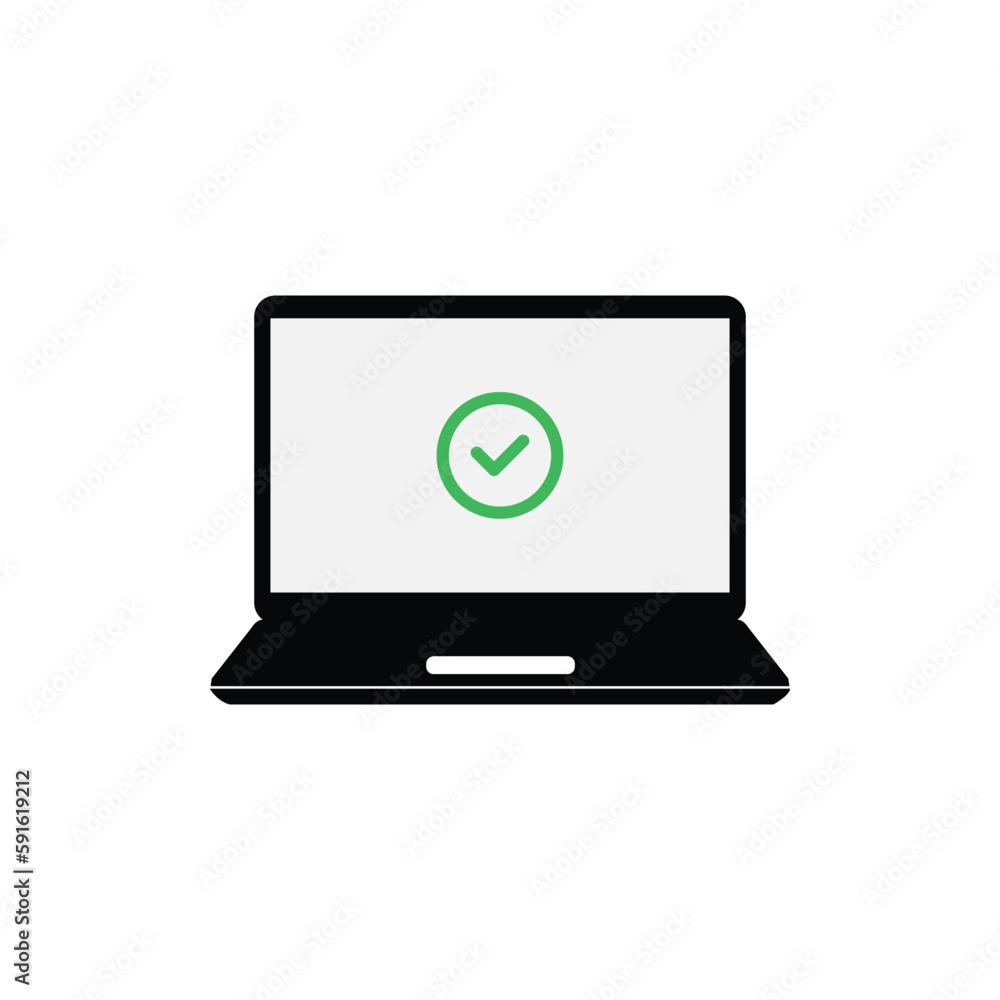 green check mark in black laptop. simple flat style trend modern ui logo graphic art design isolated on white background. concept of okay system update process or privacy control web support green check mark in black laptop. simple flat style trend modern ui logo graphic art design isolated on white background. concept of okay system update process or privacy control web support