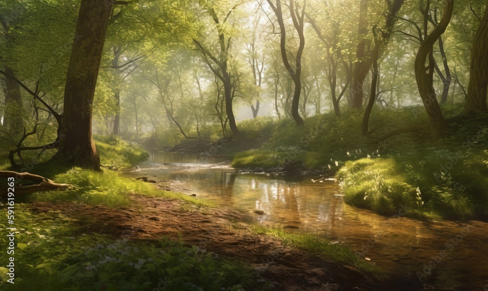  a stream running through a lush green forest filled with trees.  generative ai