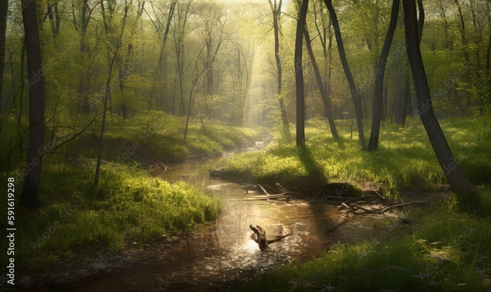 Obraz premium a stream running through a forest filled with green grass and trees. generative ai