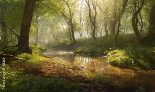  a stream running through a lush green forest filled with trees.  generative ai