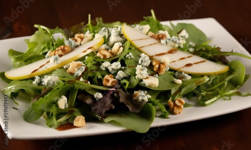  a salad with apples and blue cheese on a white plate. generative ai