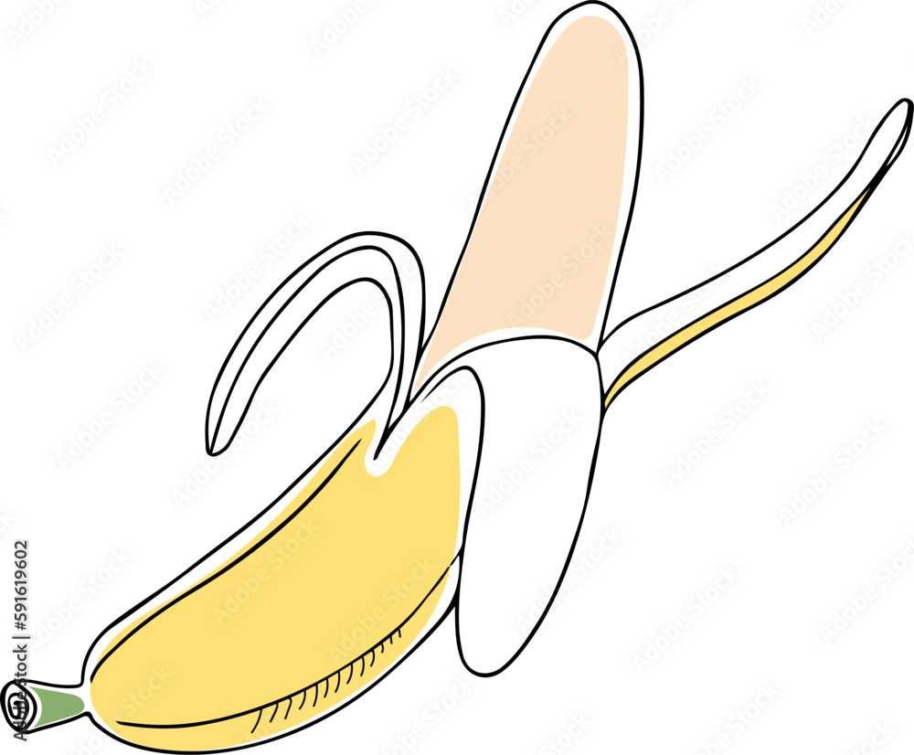 Lineart style vector single banana half peeled black outline on white background isolated Lineart style vector single banana half peeled black outline on white background isolated