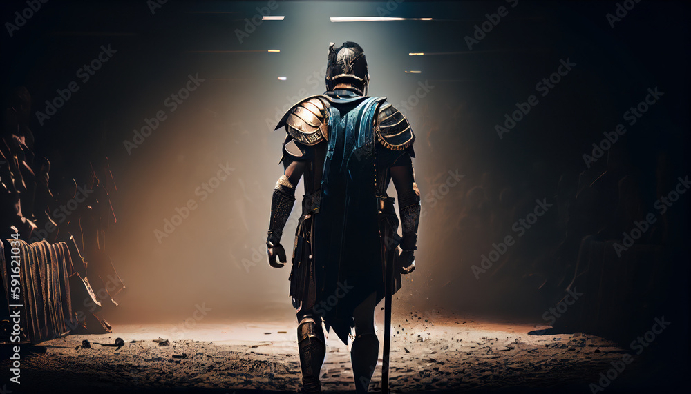 Naklejka premium Gladiator enters the arena warrior in armor realistic. AI generated