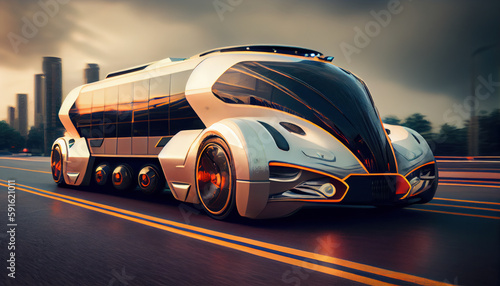 3d model of futuristic electric truck on highway. Future city background. Electric automobile. AI generated