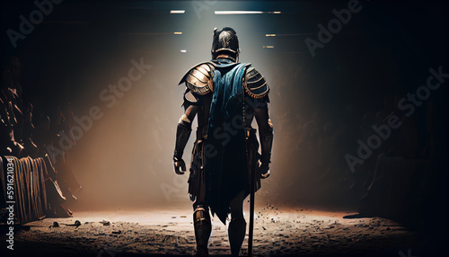 Gladiator enters the arena warrior in armor realistic. AI generated © ArtStage