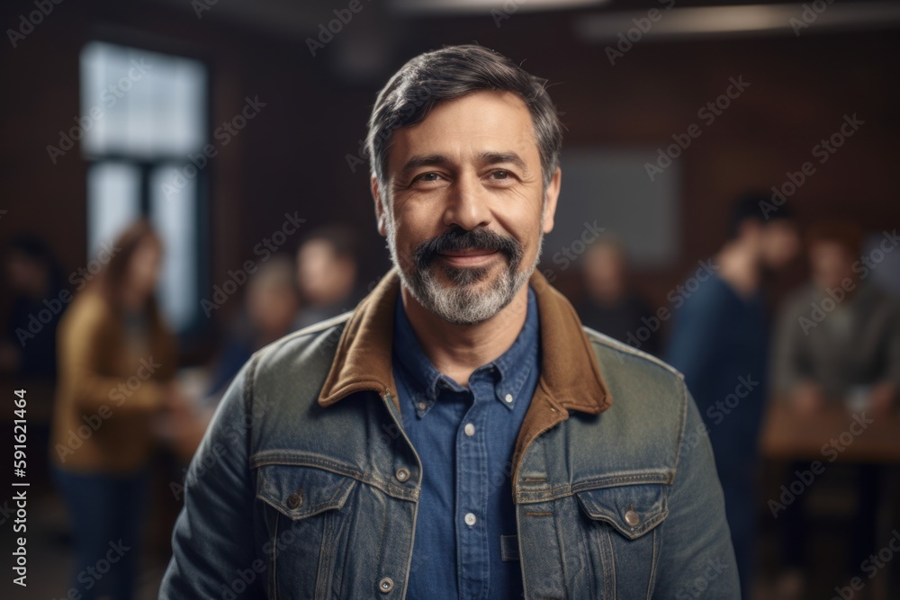 Portrait of mature businessman in casual clothes looking at camera and smiling while standing in office