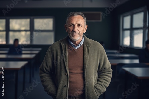 Portrait of a senior man standing in a classroom at school.