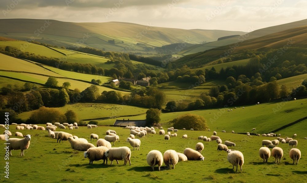 Obraz premium a herd of sheep grazing on a lush green hillside side. generative ai