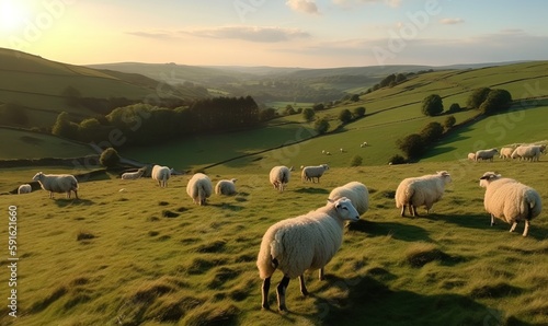  a herd of sheep standing on top of a lush green hillside.  generative ai