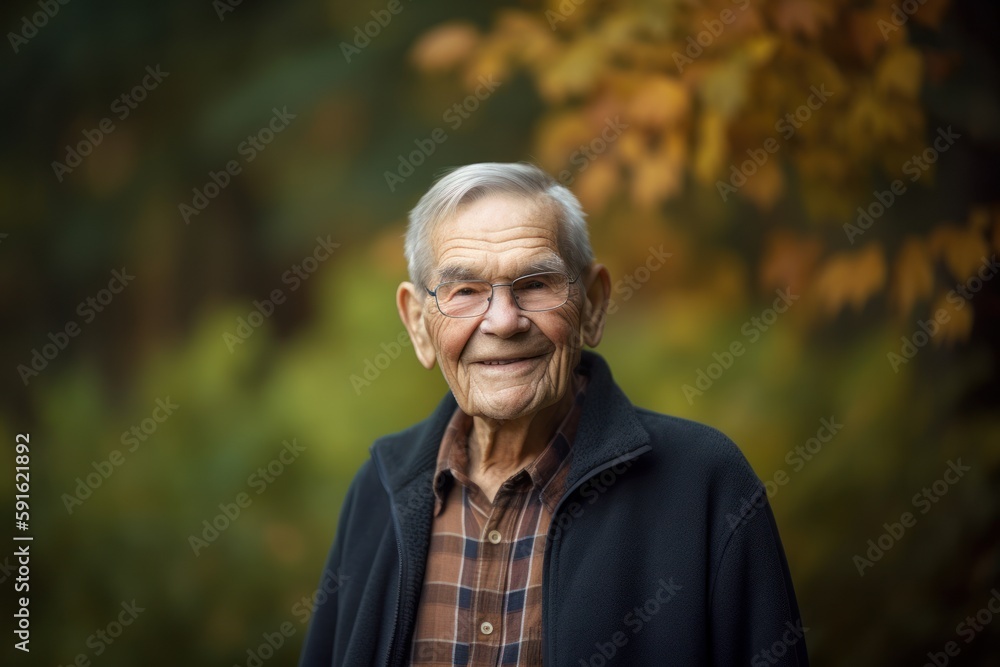 Group portrait photography of a grinning, man in his 80s wearing knee-length shorts against an autumn foliage background. Generative AI Group portrait photography of a grinning, man in his 80s wearing knee-length shorts against an autumn foliage background. Generative AI