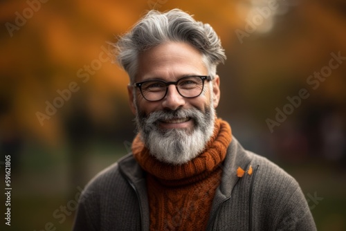 Lifestyle portrait photography of a grinning, man in his 50s wearing a cozy sweater against an autumn foliage background. Generative AI