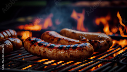 Grilled sausages. Food grilling was the first. AI generated photo