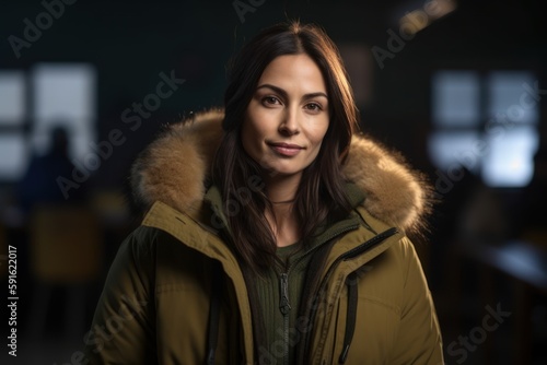 Portrait of a beautiful young woman in winter coat looking at camera