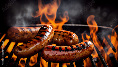 Grilled sausages. Food grilling was the first. AI generated photo