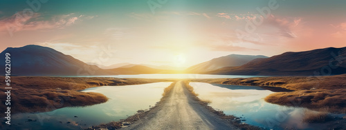The empty road leading to the lake by sunset, adventure-themed, landscape vistas.

