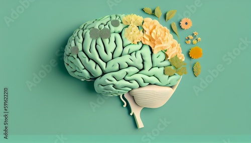 Slika na platnu Human brain with blooming flowers, mental health concept, positive thinking, creative mind