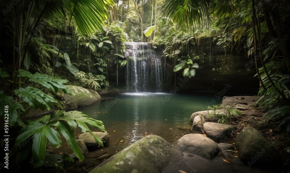 a small waterfall in a tropical jungle with rocks and trees. generative ai a small waterfall in a tropical jungle with rocks and trees. generative ai