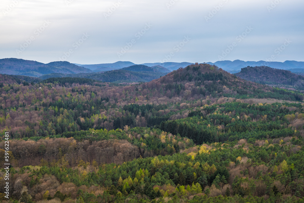 Panoramic view on the rock Roetzenfels and the Palatinate Forest from the mountain Roetzenberg near Gossersweiler in Germany.