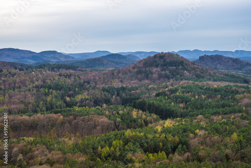 Panoramic view on the rock Roetzenfels and the Palatinate Forest from the mountain Roetzenberg near Gossersweiler in Germany.