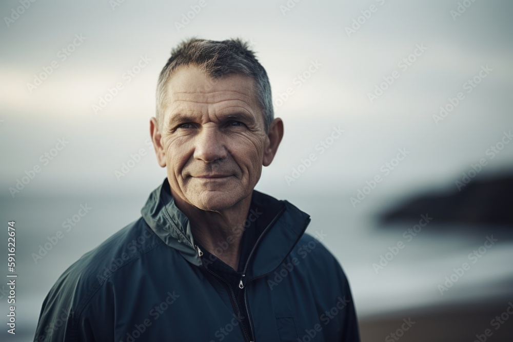 Portrait of a senior man standing on the beach by the sea Portrait of a senior man standing on the beach by the sea
