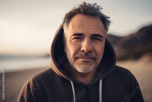 Portrait of a handsome middle aged man in hooded sweatshirt on the beach.