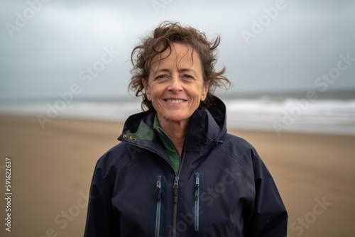 Portrait of a smiling senior woman standing on the beach in winter © Robert MEYNER