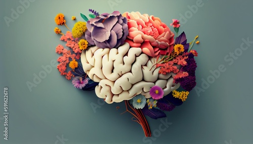Human brain with blooming flowers, mental health concept, positive thinking, creative mind. Generative AI illustration
