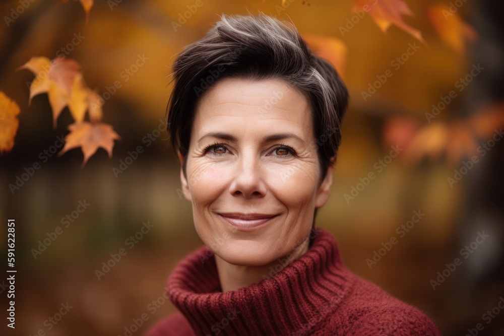 Portrait of a smiling middle-aged woman in the autumn park Portrait of a smiling middle-aged woman in the autumn park