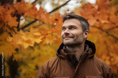 Portrait of a handsome man in the autumn park with yellow leaves