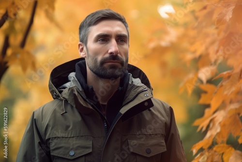 Portrait of a handsome man in a jacket in the autumn park