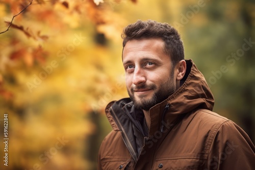 Portrait of a young man in the autumn park. Selective focus.