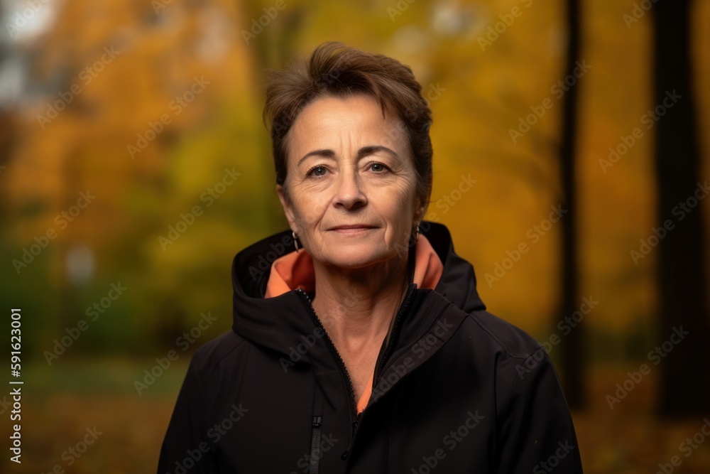 Medium shot portrait photography of a tender, woman in her 50s wearing a comfortable tracksuit against an autumn foliage background. Generative AI Medium shot portrait photography of a tender, woman in her 50s wearing a comfortable tracksuit against an autumn foliage background. Generative AI