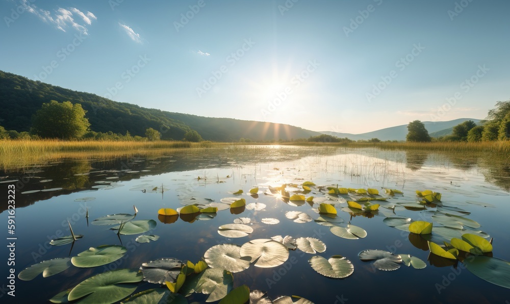  the sun is shining over a lake with lily pads in the water.  generative ai