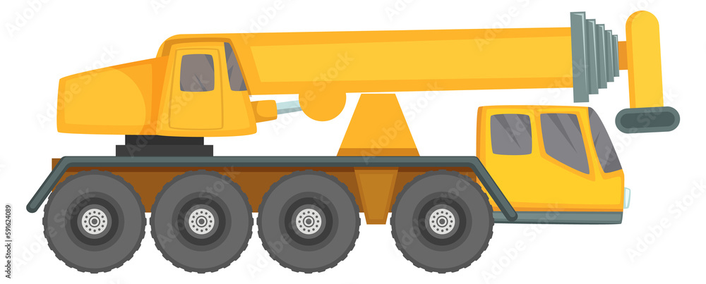 Construction crane truck icon. Cartoon vehicle side view