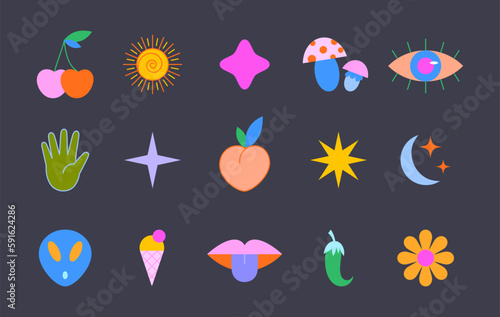 Vector set of colorful fun patches,stickers,geometric shapes in 90s style.Abstract icons or symbols in y2k aesthetic.Trendy design elements for banners,social media marketing,branding,packaging,covers