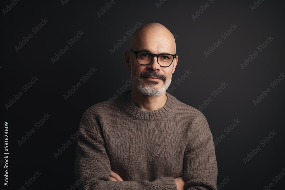 Obraz premium Portrait of a bald man with glasses on a black background.