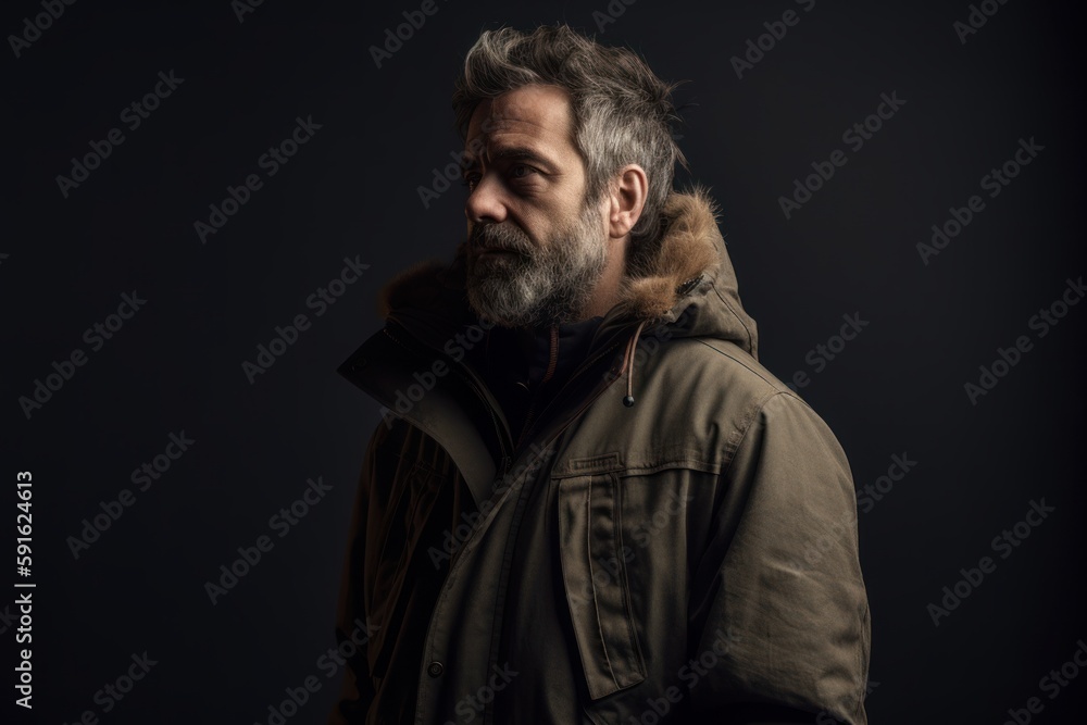 Portrait of a bearded man in a winter jacket on a dark background