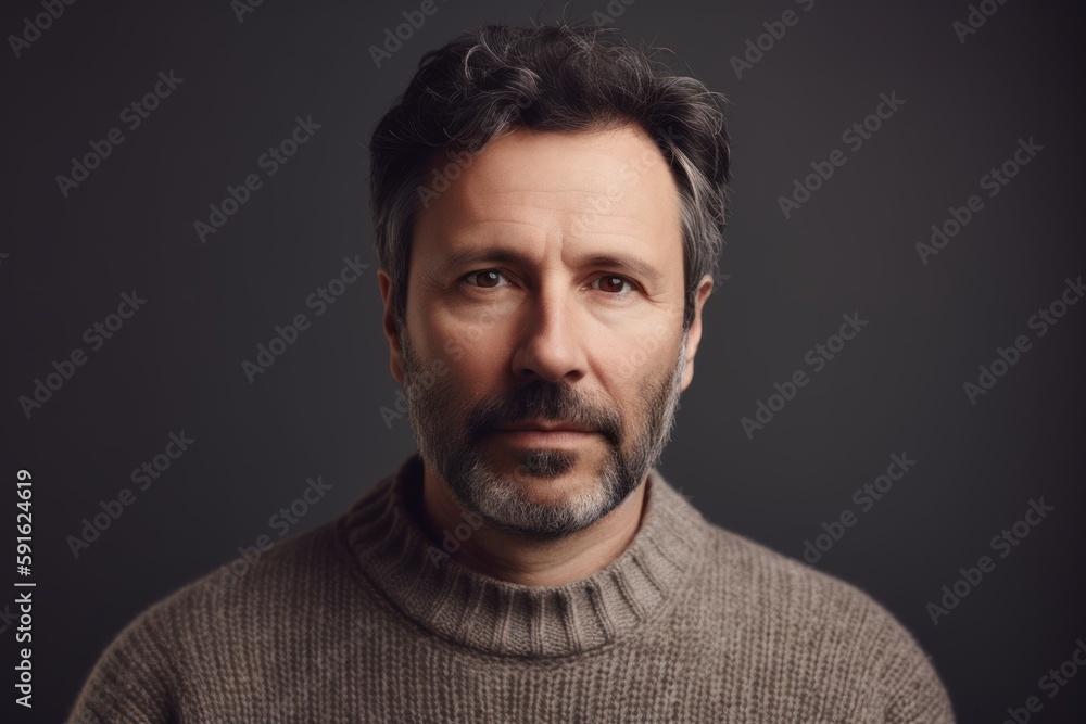 Portrait of handsome middle-aged man in sweater on grey background Portrait of handsome middle-aged man in sweater on grey background