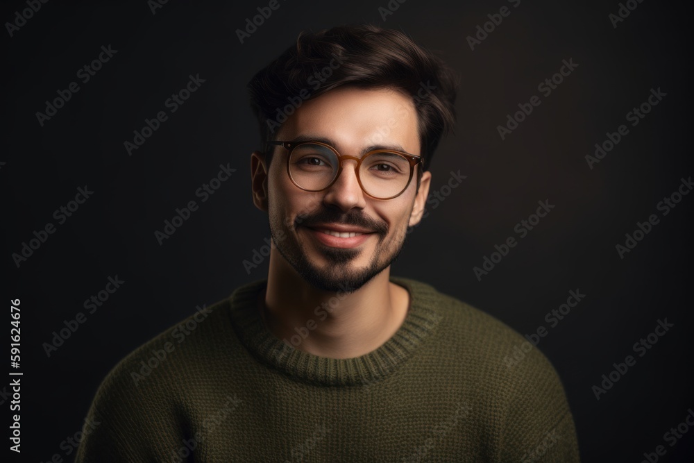 Group portrait photography of a pleased man in his 20s wearing a cozy sweater against a minimalist or empty room background. Generative AI