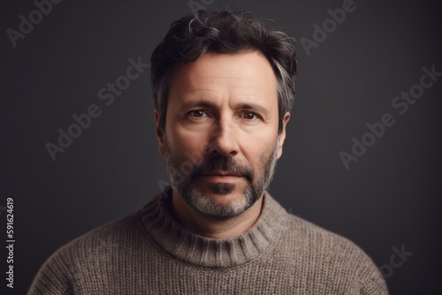 Portrait of handsome middle-aged man in sweater on grey background