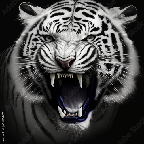a painting of a white tiger roaring on a black background