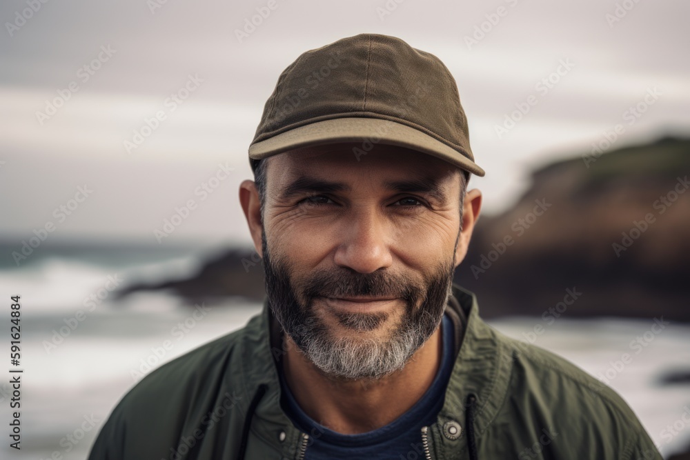 Portrait of smiling man wearing cap and looking at camera on the beach
