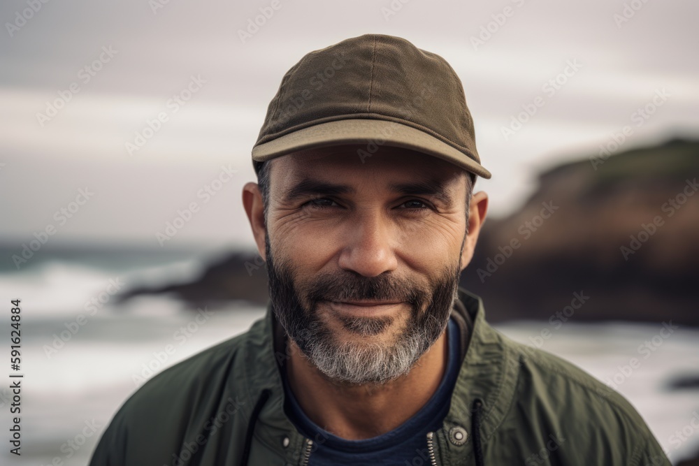 Portrait of smiling man wearing cap and looking at camera on the beach Portrait of smiling man wearing cap and looking at camera on the beach