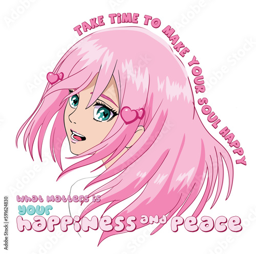 portrait of a girl, Anime Girl illustration with slogan. Vector graphic design for t-shirt. beautiful girl drawing